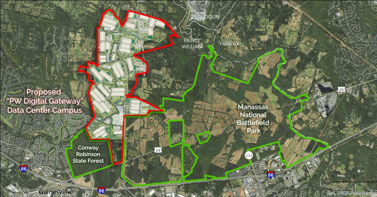 satellite image of data center campus proposal near with outlines of manassas national battlefield and conway robinson state forest nearby
