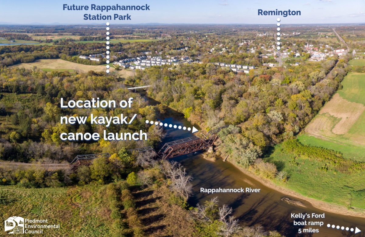 aerial image of Rappahannock river with boat launch marked