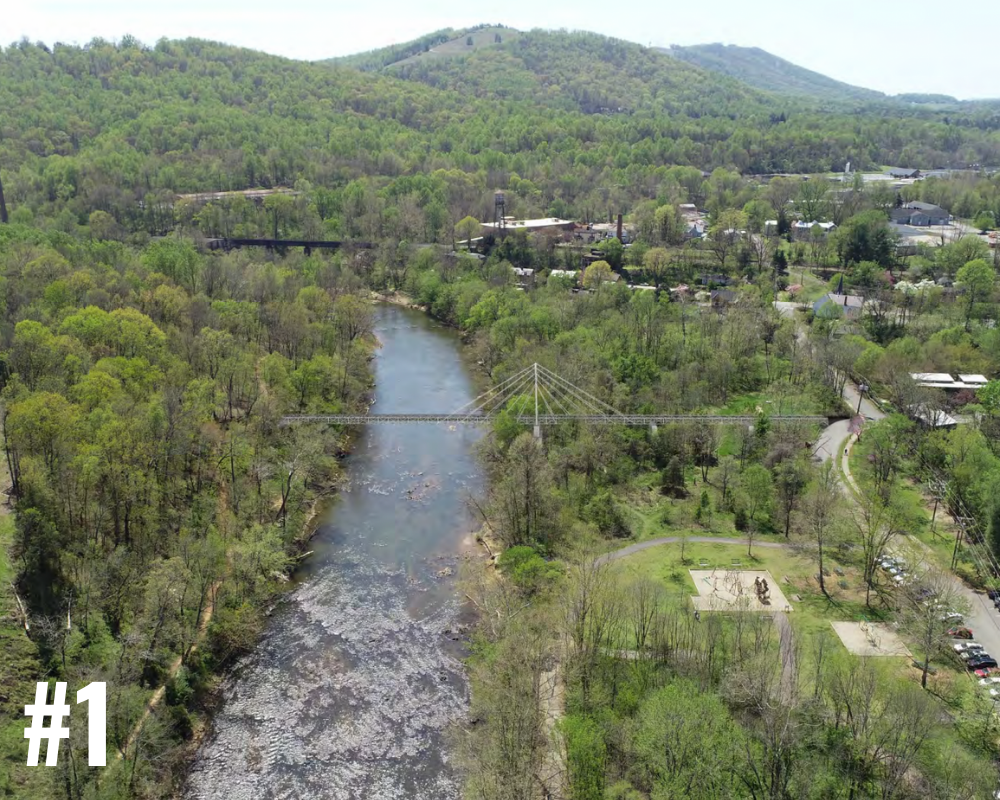 rendering of a suspension bridge (565’ long), 40’ above normal river height.