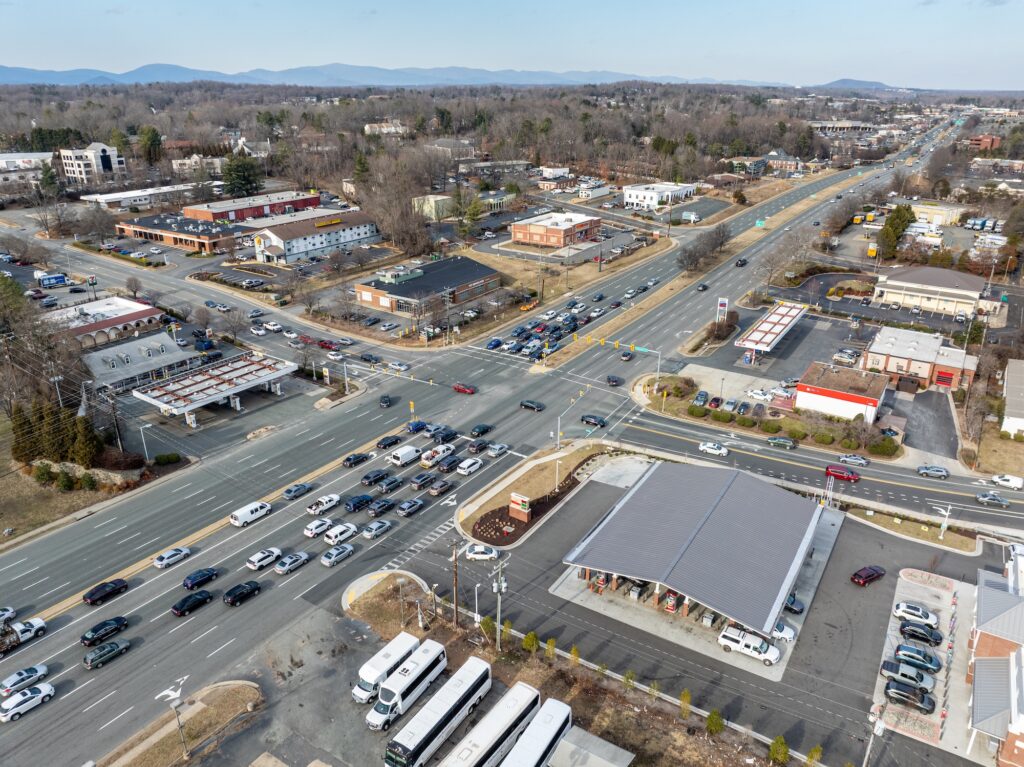 An aerial view of U.S. Route 29 North through Albemarle County.