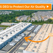 aerial photo of data center with a residential neighborhood in the background. Overlaid text reads "Take Action: Tell DEQ to Protect Our Air Quality"