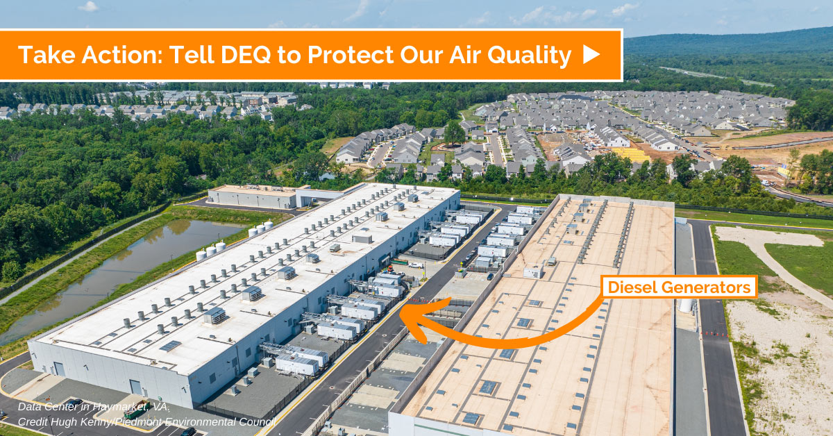 aerial photo of data center with a residential neighborhood in the background. Overlaid text reads "Take Action: Tell DEQ to Protect Our Air Quality"