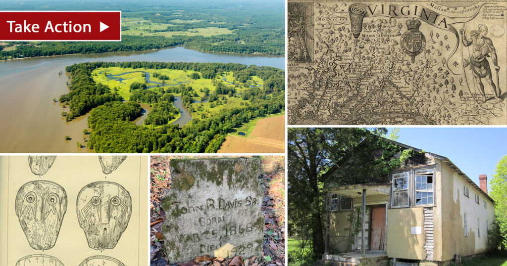 photo collage: Weyanoke, old map of the Chesapeake, tion of Virginia Indian shell gorgets, headstone, old school