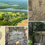 photo collage: Weyanoke, old map of the Chesapeake, tion of Virginia Indian shell gorgets, headstone, old school