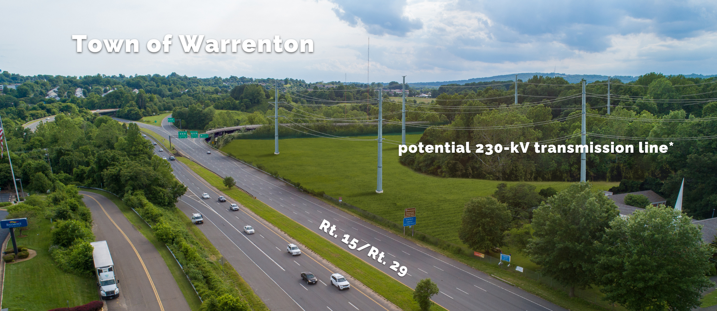 aerial image of a highway with power line towers running alongside