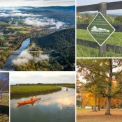 collage of photos featuring aerial photo of farmland and river; conservation easement sign; family outside; woman standing next to cow; person kayaking; local park with trees and a picnic table