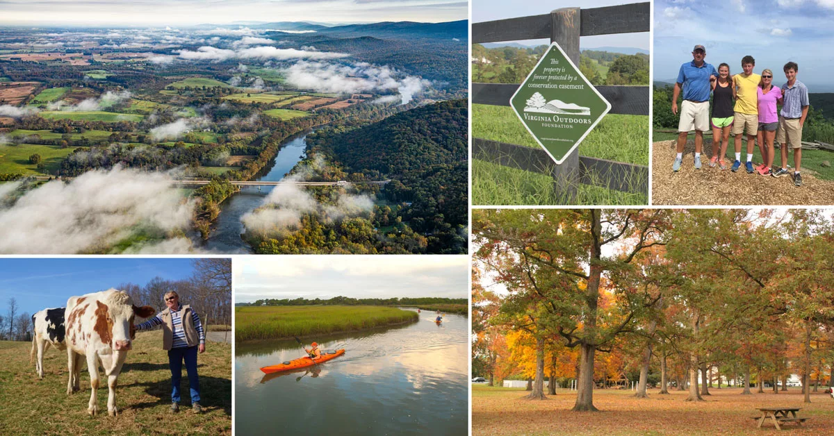 collage of photos featuring aerial photo of farmland and river; conservation easement sign; family outside; woman standing next to cow; person kayaking; local park with trees and a picnic table