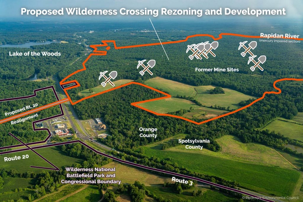 aerial of wildnerness crossing property with mine icon overlay