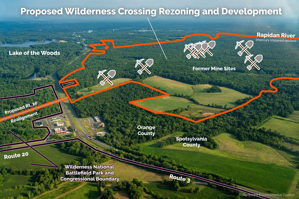 aerial of wildnerness crossing property with mine icon overlay