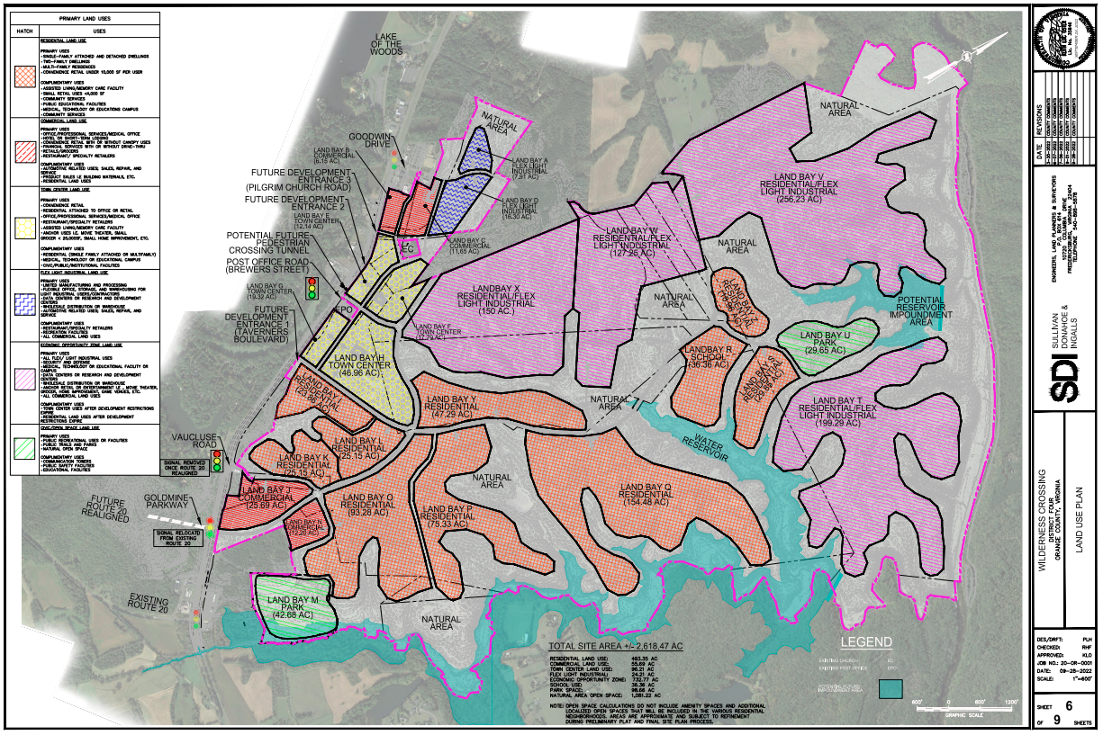 Aerial map illustrating the proposed Wilderness Crossing development in Orange County, Va.